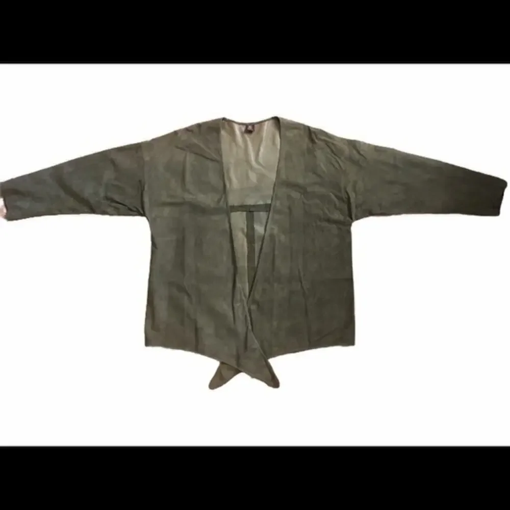 1970s Anne Klein Vintage Olive Green Suede Leather Front Tie Cardigan Jacket